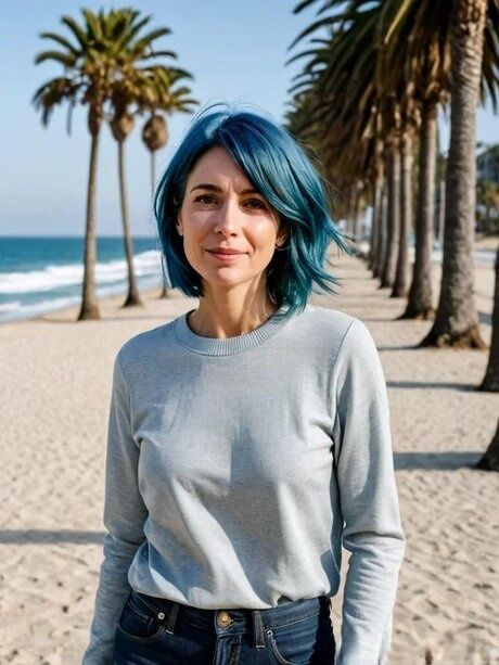 Blue-haired AI generated mom Molly posing in her lovely outfits in a solo - #5