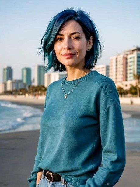Blue-haired AI generated mom Molly posing in her lovely outfits in a solo - #11