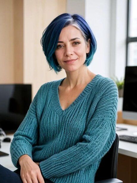 Blue-haired AI generated mom Molly posing in her lovely outfits in a solo - #7