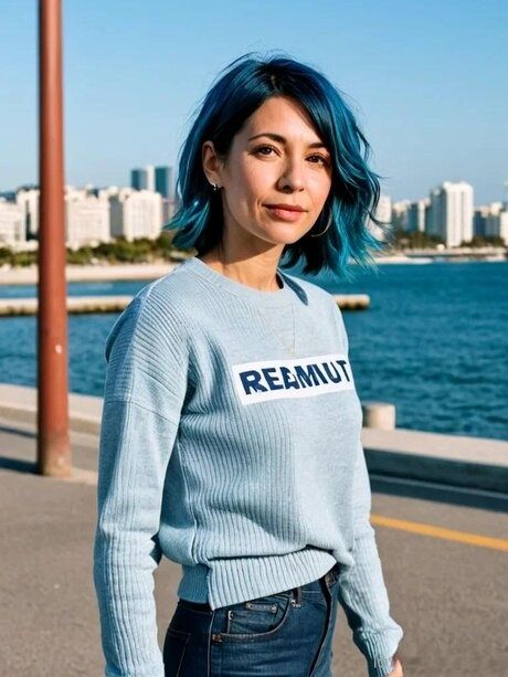 Blue-haired AI generated mom Molly posing in her lovely outfits in a solo - #6