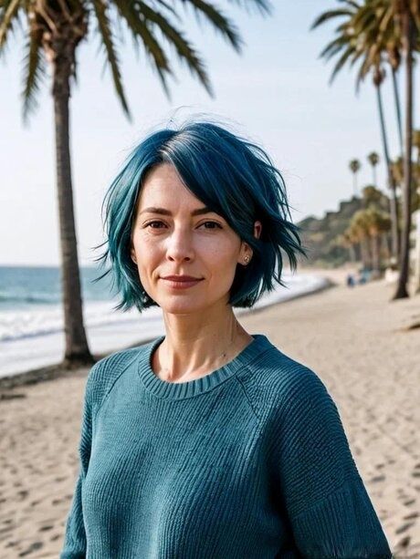 Blue-haired AI generated mom Molly posing in her lovely outfits in a solo - #10
