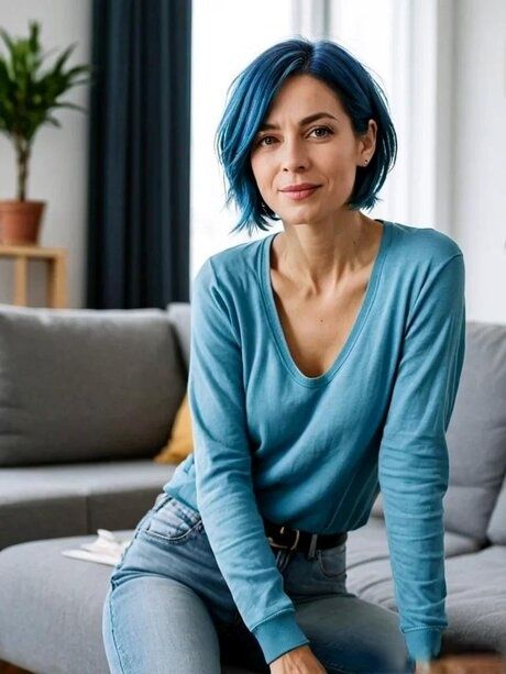 Blue-haired AI generated mom Molly posing in her lovely outfits in a solo - #4