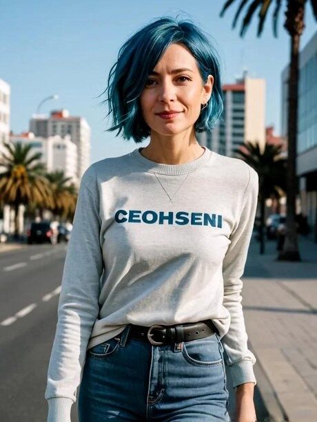 Blue-haired AI generated mom Molly posing in her lovely outfits in a solo - #2