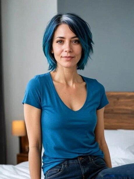 Blue-haired AI generated mom Molly posing in her lovely outfits in a solo - #3