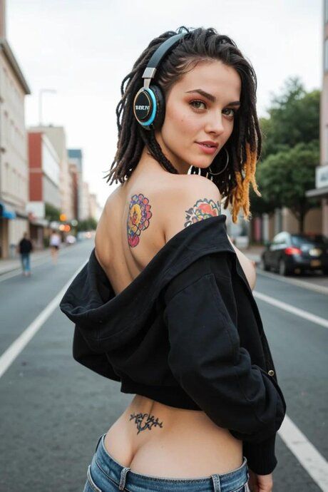 Gorgeous girl with dreadlocks displays her tattooed body on a city street - #3