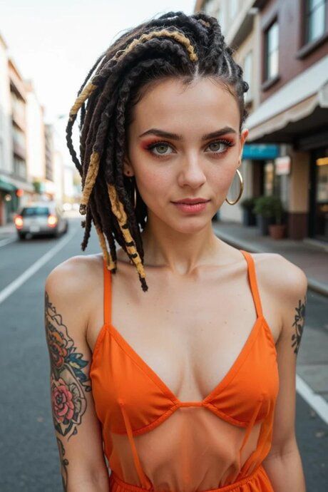 Gorgeous girl with dreadlocks displays her tattooed body on a city street - #2