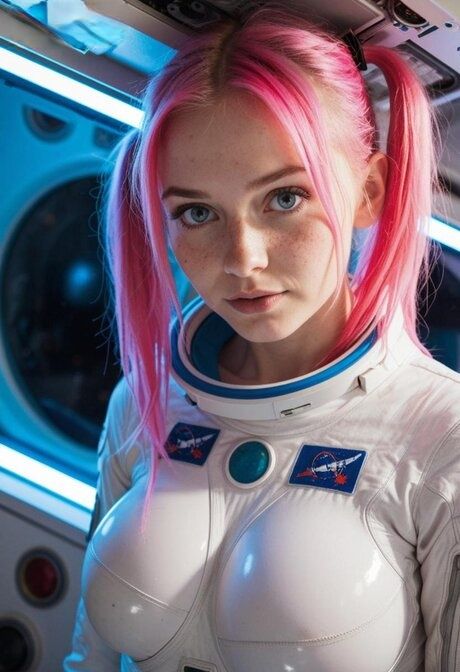 Hot brunette with pink hair looses her big tits from a NASA spacesuit - #1