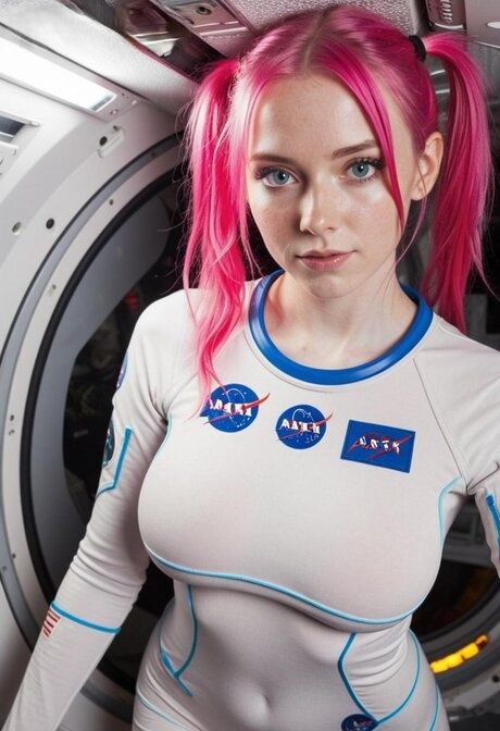 Hot brunette with pink hair looses her big tits from a NASA spacesuit - #4