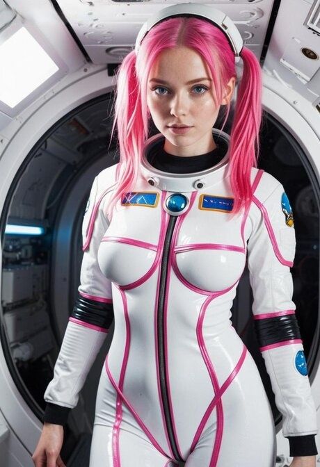 Hot brunette with pink hair looses her big tits from a NASA spacesuit - #7