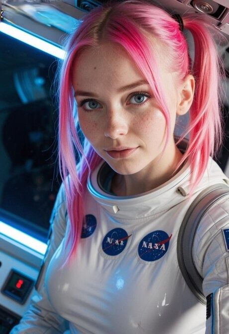 Hot brunette with pink hair looses her big tits from a NASA spacesuit - #2
