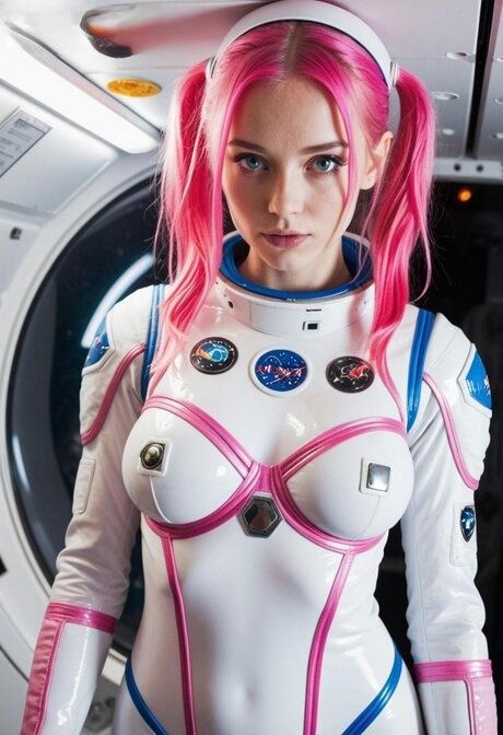 Hot brunette with pink hair looses her big tits from a NASA spacesuit - #10