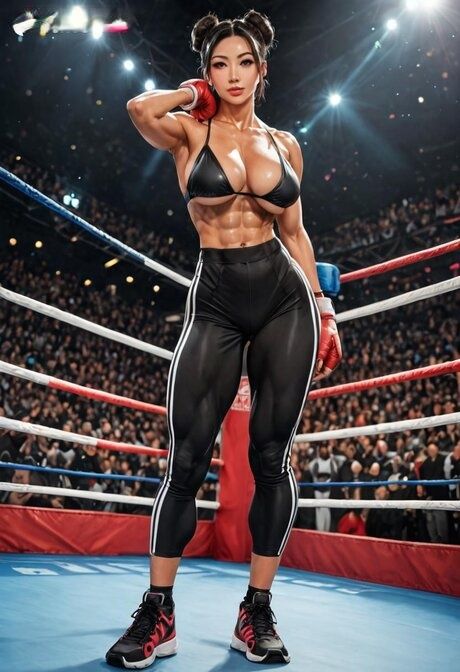 Hot female bodybuilder poses on a boxing ring during a competition - #3