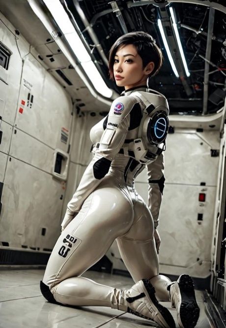 Pretty brunette models in a space suit and sneakers as well as nude - #10