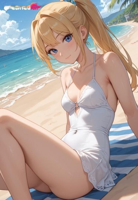 Cute blonde anime model shows her sexy body wearing bikinis at the beach - #7