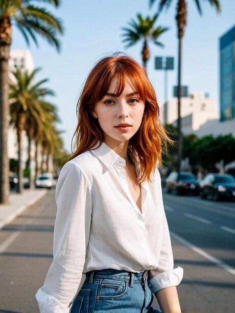 Petite AI generated ginger Emma Blind posing in her sexy outfits in public - #9
