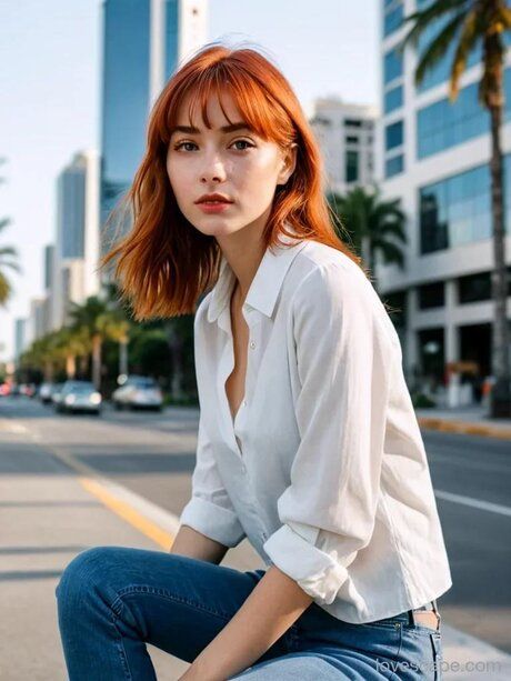Petite AI generated ginger Emma Blind posing in her sexy outfits in public - #1