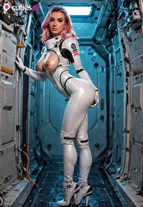 Pink haired AI babe with huge tits Baba poses naked in her space ship - #8