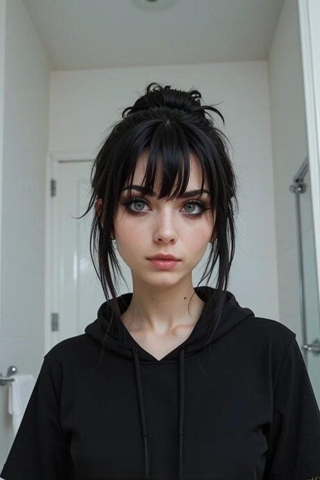 Dark haired AI generated girl gets on top of a big cock in a bathroom - #1