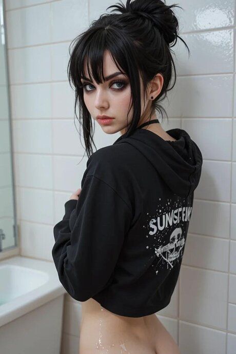 Dark haired AI generated girl gets on top of a big cock in a bathroom - #2
