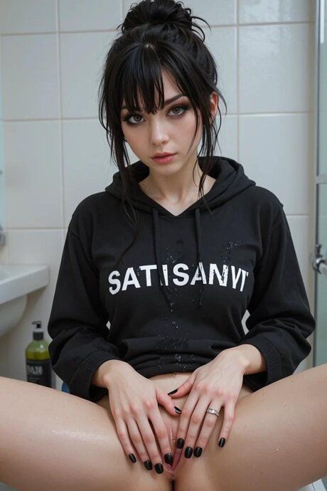 Dark haired AI generated girl gets on top of a big cock in a bathroom - #4