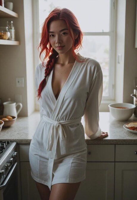AI generated Asian redhead wears her hair in braids during kitchen sex - #3