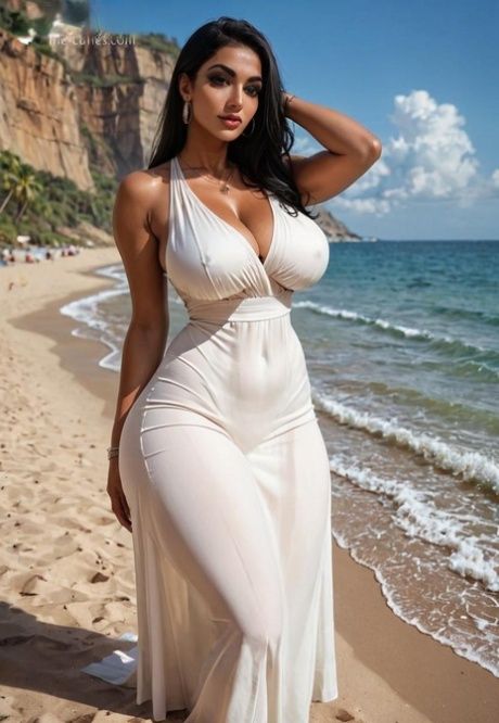 Brunette bimbo Mona shows her hot curves & fucks in AI generated beach action - #8