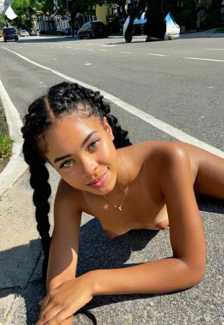 Skinny AI generated girl goes nude on a street in braided pigtails - #9
