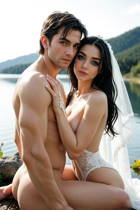 Dark haired girl and her man friend partake in some nude play near a lake - #2