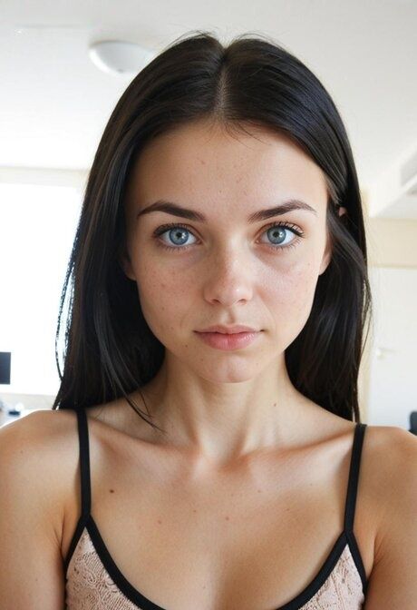 Pretty brunette with long hair and striking eyes uncovers her small tits - #3