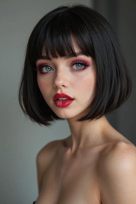 Petite AI generated brunette sports red lips during POV sex in a bedroom - #3