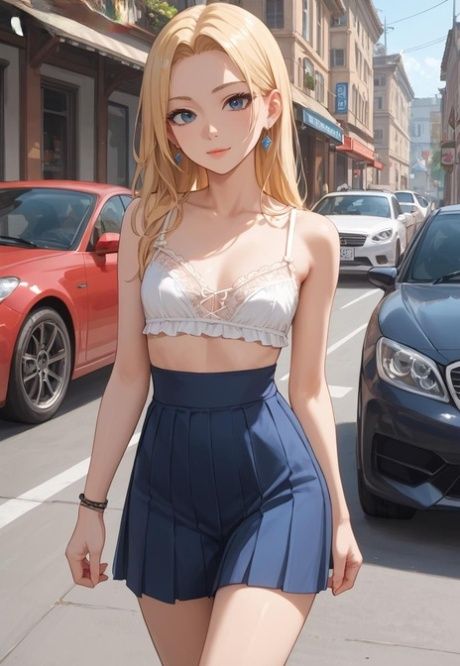 Thin AI generated blonde girl with big eyes poses nude and in clothing - #2
