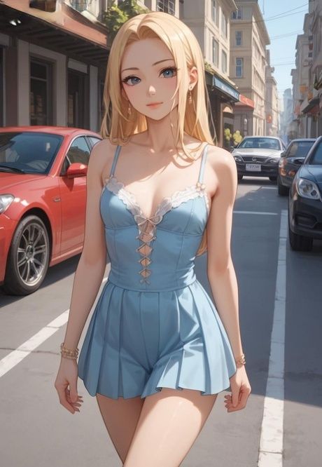 Thin AI generated blonde girl with big eyes poses nude and in clothing - #7