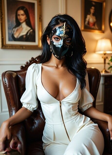 AI generated babe in a mask flaunts her shiny tanned body in a solo show - #3