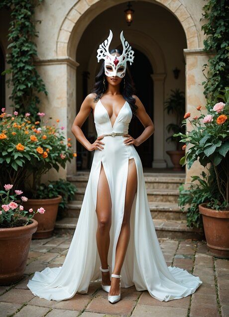 AI generated babe in a mask flaunts her shiny tanned body in a solo show - #10