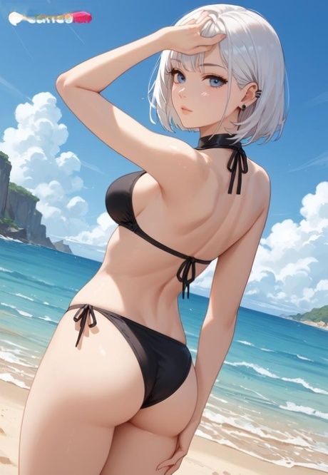 AI generated platinum blonde with striking eyes poses in swimwear at the beach - #3