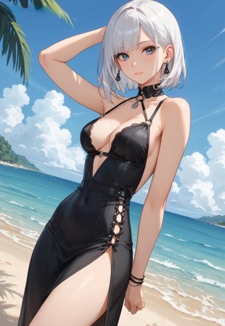 AI generated platinum blonde with striking eyes poses in swimwear at the beach - #9