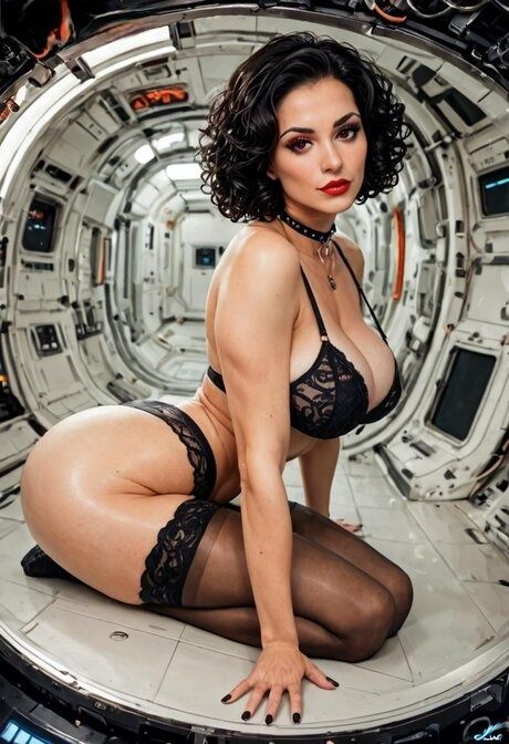 Hot brunette and a blonde model posing in the nude in a space station - #7