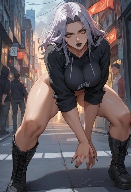 AI generated badass babe Thalia Venn poses & gives a hot titjob in public - #1