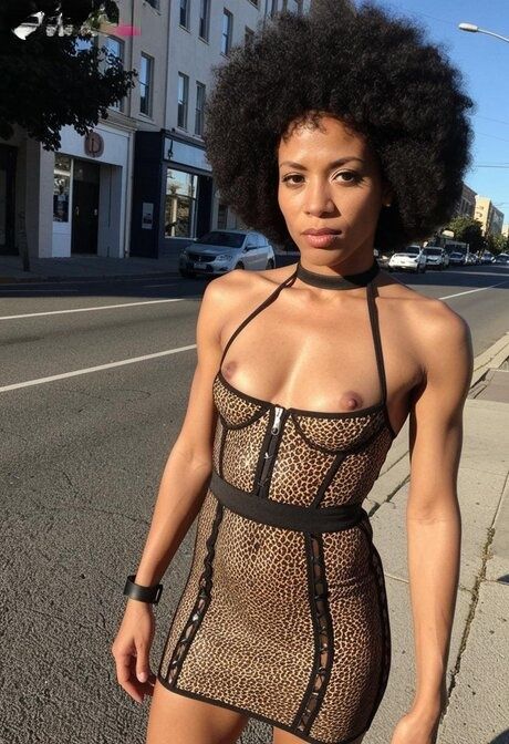 AI generated ebony Medusa shows her small tits & big ass on the street - #7