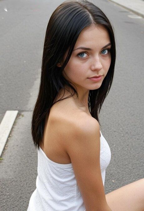 Hot brunette with striking eyes and a slender figure models for the camera - #6
