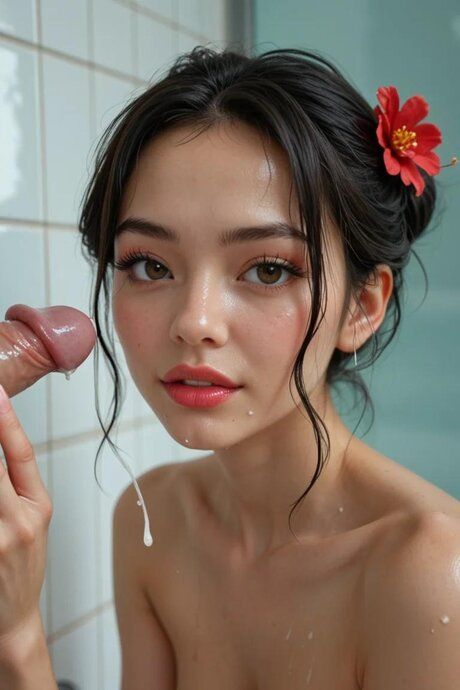 Beautiful Asian girl holds her firm breasts after sex in a bathroom - #9