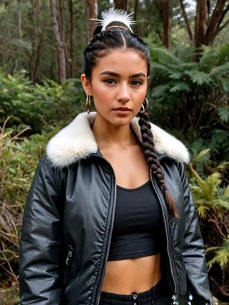 Solo model with dark hair stands in a forest in a variety of costumes - #7