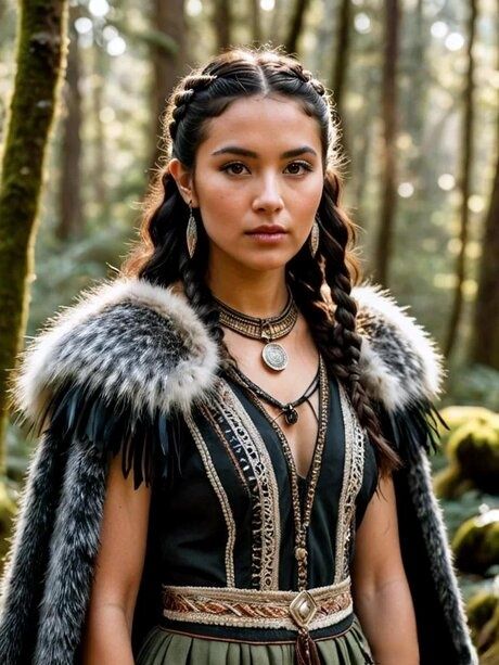 Solo model with dark hair stands in a forest in a variety of costumes - #2