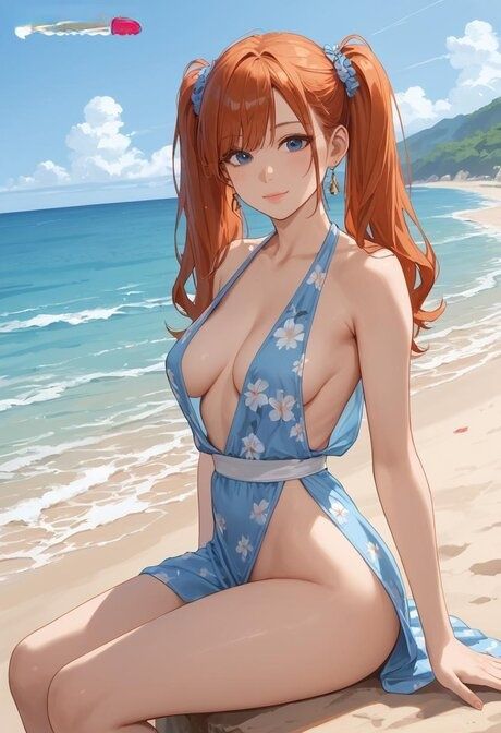 Redheaded anime girl with pigtails frees huge boobs from bikini on the beach - #9