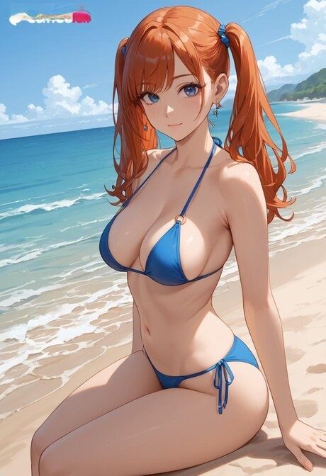 Redheaded anime girl with pigtails frees huge boobs from bikini on the beach - #10