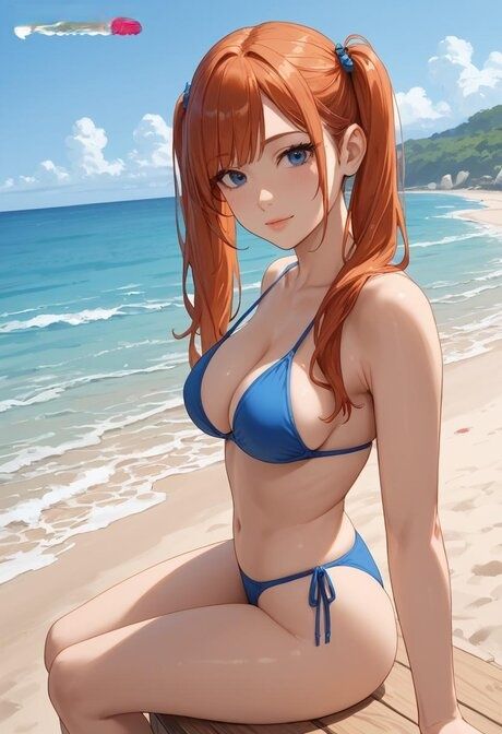 Redheaded anime girl with pigtails frees huge boobs from bikini on the beach - #2