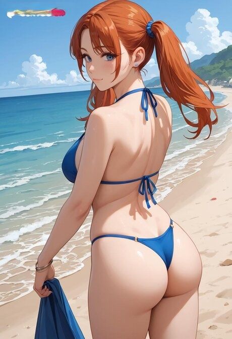 Redheaded anime girl with pigtails frees huge boobs from bikini on the beach - #1