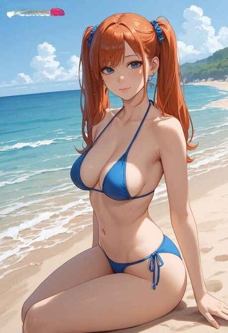 Redheaded anime girl with pigtails frees huge boobs from bikini on the beach - #3
