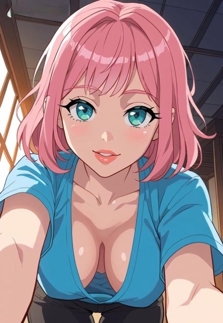 AI generated girl with pink hair and big blue eyes shows her big tits - #3