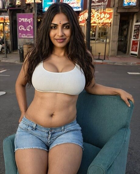 Indian girl with a flat tummy stands naked on a street amid a quiet zone - #2